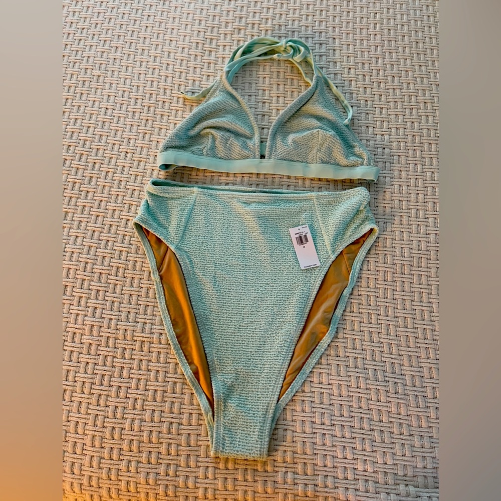 NWT Old Navy Light Aqua High Waisted Super Soft Bathing Suit triangle top, M